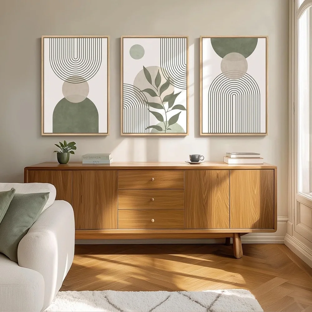 Framed Sage Green Boho Wall Art Set 3‎ Minimalist Canvas Prints 16x24 Brand New